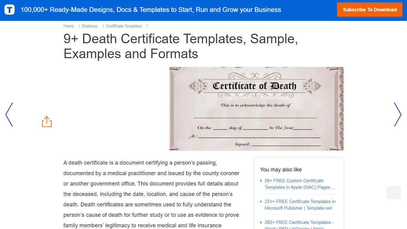 9+ Death Certificate Template – Free Sample, Example Format Download ...